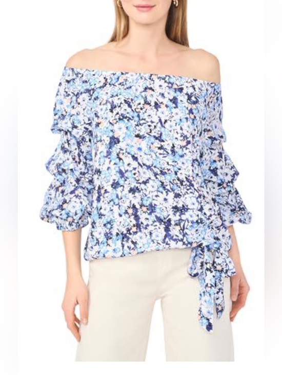 Vince Camuto Tops - Vince Camuto Off Shoulder Bubble Sleeve Side Tie Blouse, size M, Blue Shadow NWT